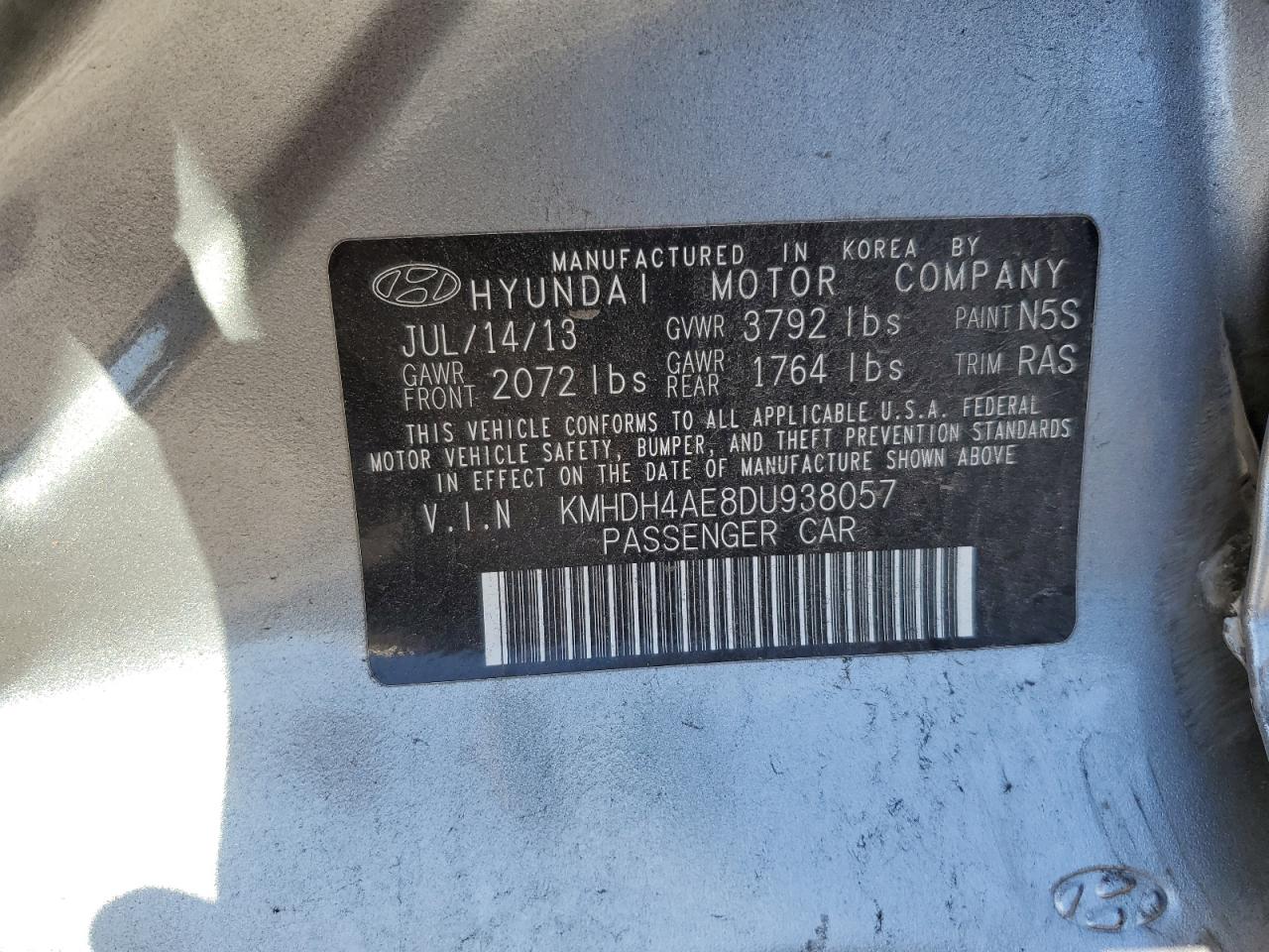 2013 Hyundai Elantra VIN KMHDH4AE8DU938057 Copart auction photo, side damage thumbnail 12
