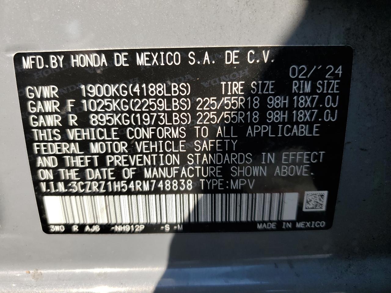 2024 Honda HR-V VIN 3CZRZ1H54RM748838 Copart auction photo, side damage thumbnail 12