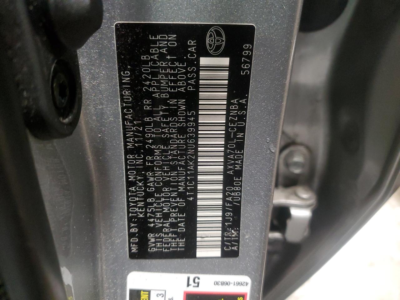 2022 Toyota Camry VIN 4T1C11AK2NU639945 Copart auction photo, front end damage thumbnail 14