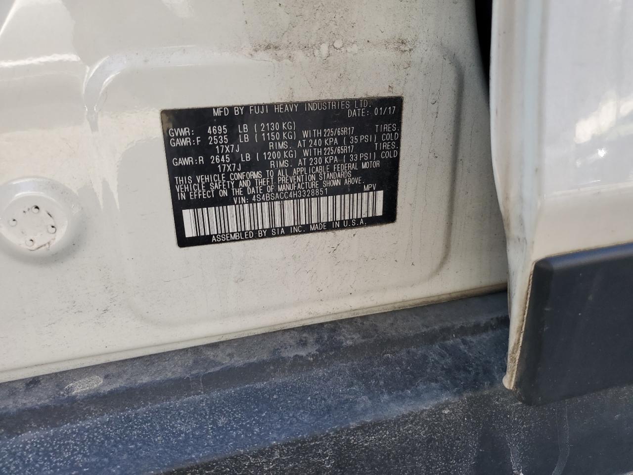 2017 Subaru Outback VIN 4S4BSACC4H3328851 Copart auction photo, front end damage thumbnail 13