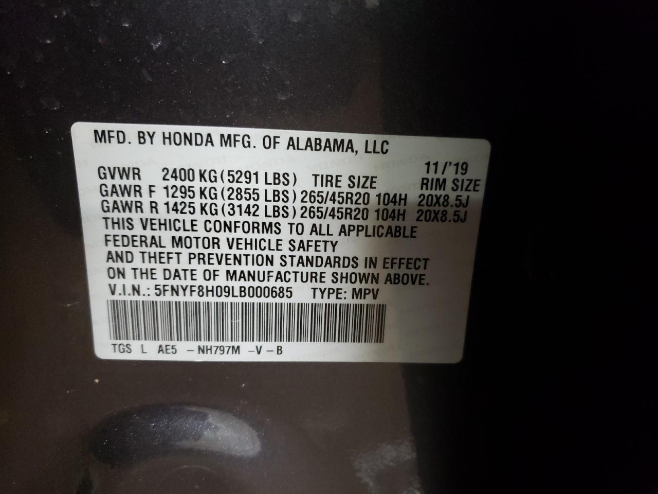 2020 Honda Passport VIN 5FNYF8H09LB000685 Copart auction photo, front end / rear end damage thumbnail 13