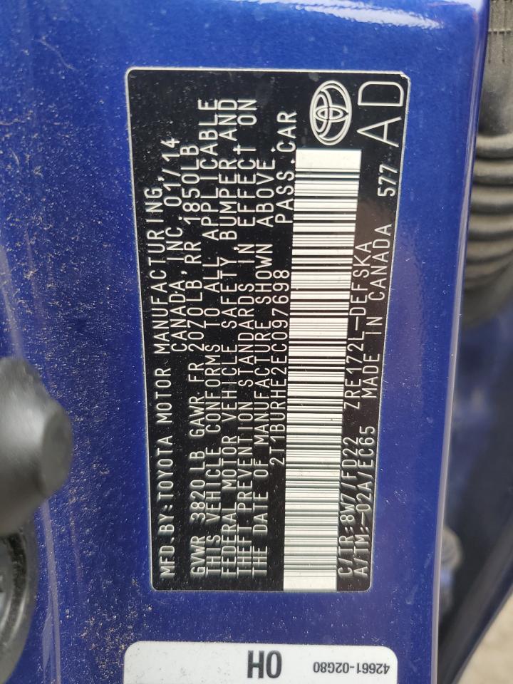 2014 Toyota Corolla VIN 2T1BURHE2EC097698 Copart auction photo, hail damage thumbnail 14