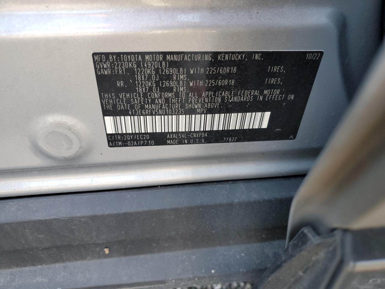 2022 Toyota RAV 4 VIN 4T3E6RFV5NU103235 Copart auction photo, front end / minor dent/scratches damage thumbnail 15