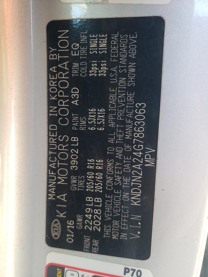 2016 KIA Soul VIN KNDJN2A24G7863063 Copart auction photo, side / front end damage thumbnail 12