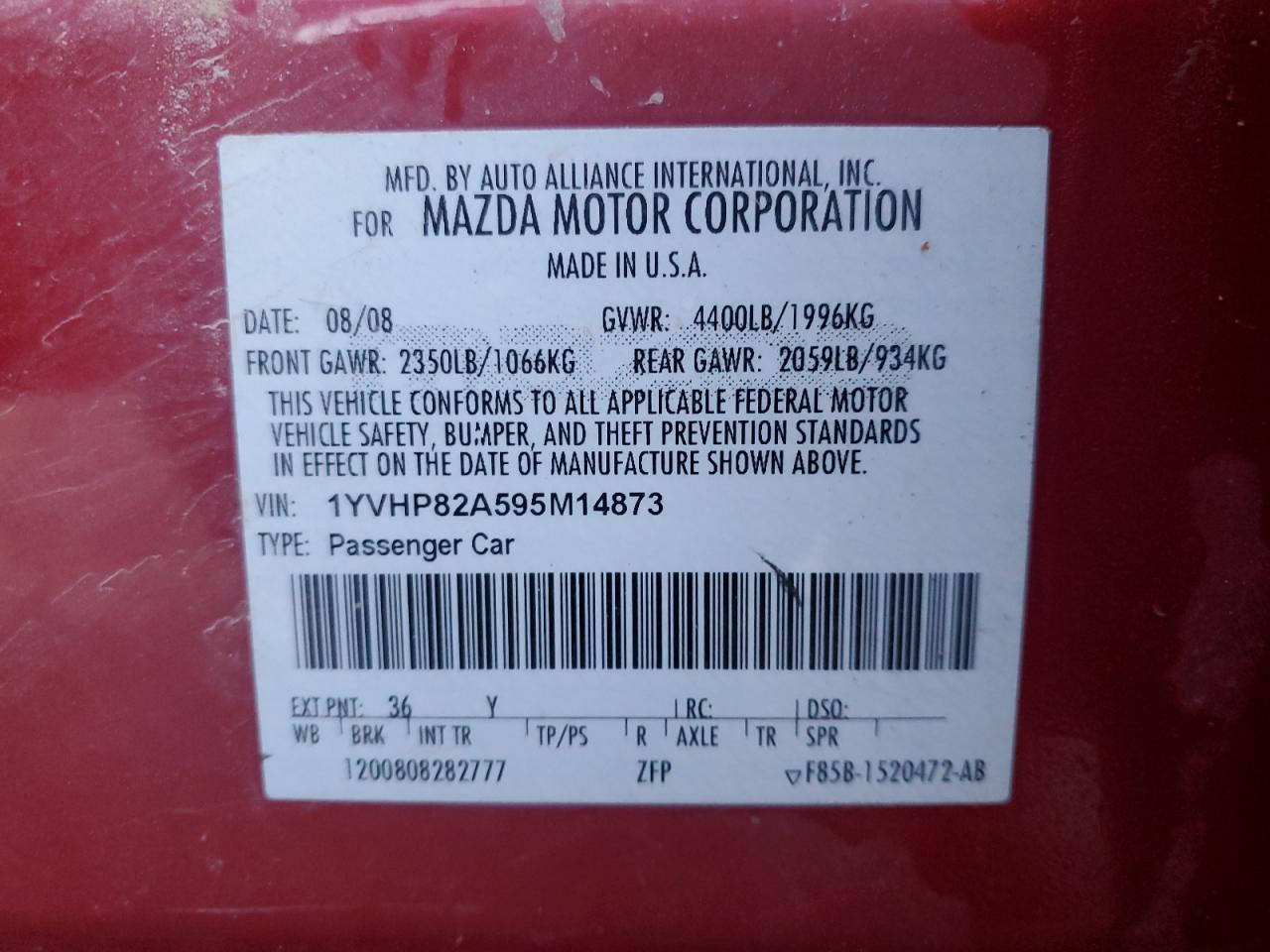2009 Mazda 6 VIN 1YVHP82A595M14873 Copart auction photo, rollover damage thumbnail 12