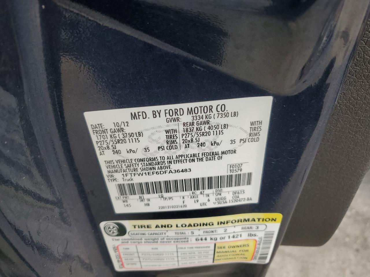 2013 Ford F-150 VIN 1FTFW1EF6DFA36483 Copart auction photo, minor dent/scratches damage thumbnail 12