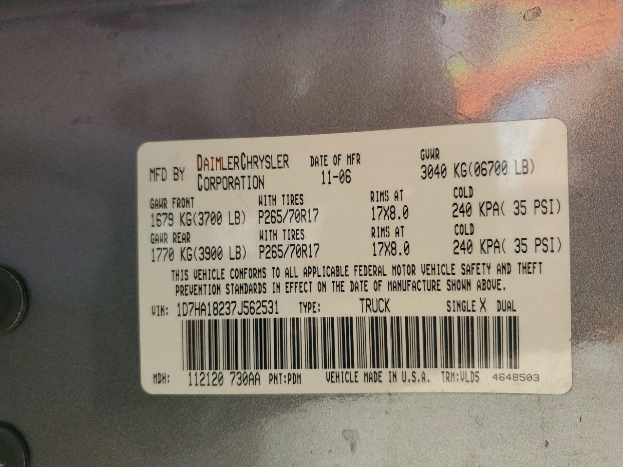 2007 Dodge RAM VIN 1D7HA18237J562531 Copart auction photo, front end / rear end damage thumbnail 14