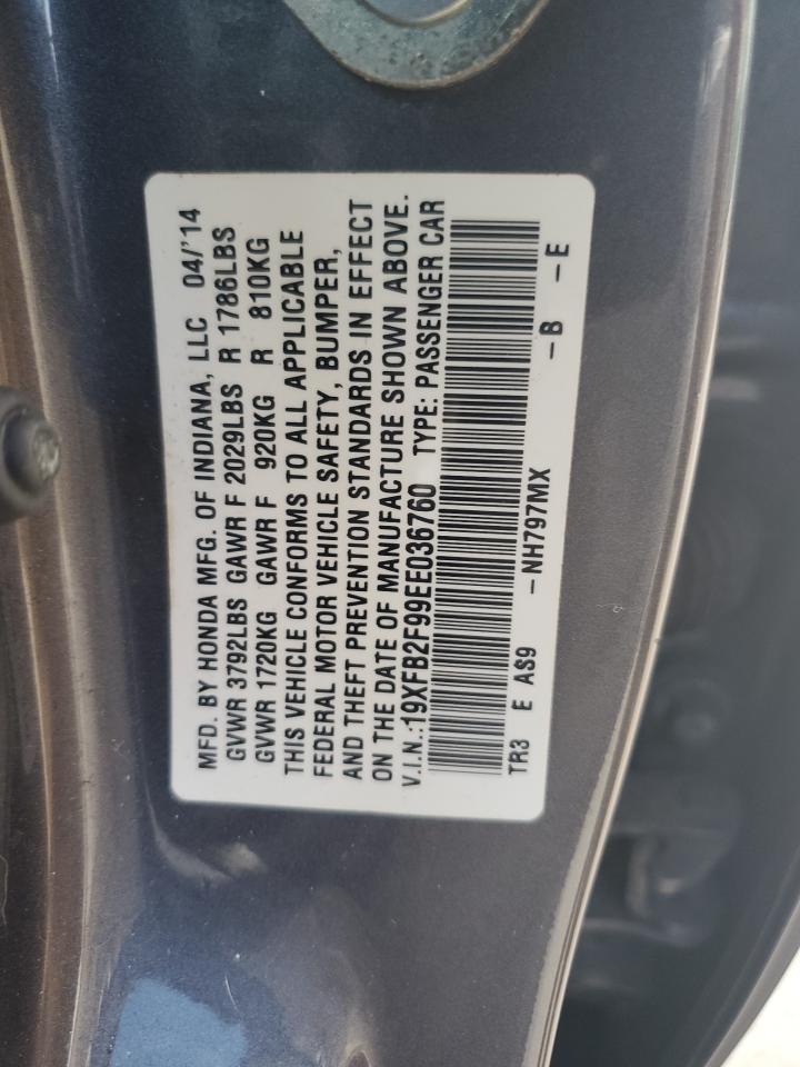 2014 Honda Civic VIN 19XFB2F99EE036760 Copart auction photo, front end / rear end damage thumbnail 13