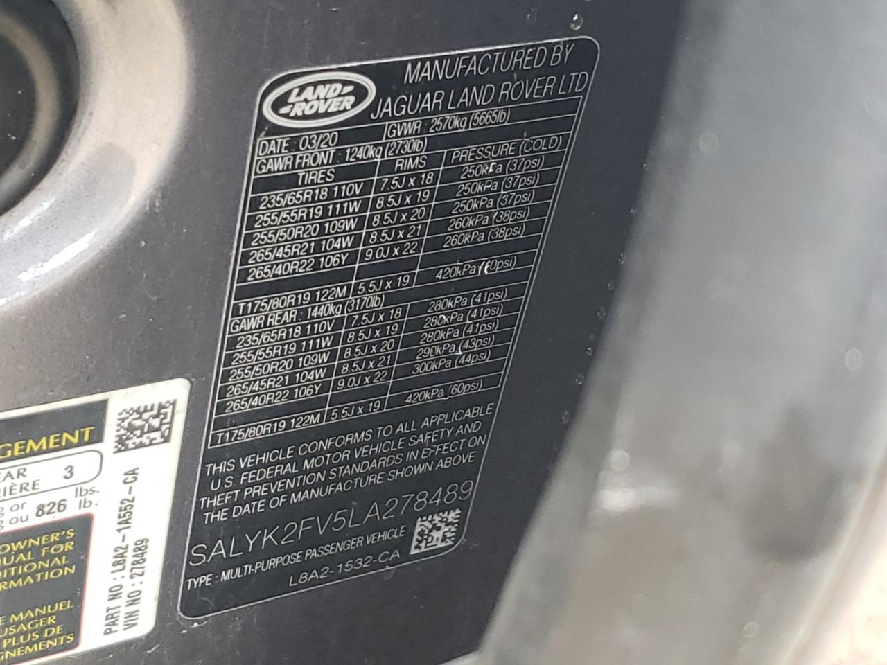 2020 Land Rover Range Rover VIN SALYK2FV5LA278489 Copart auction photo, front end / mechanical damage thumbnail 12