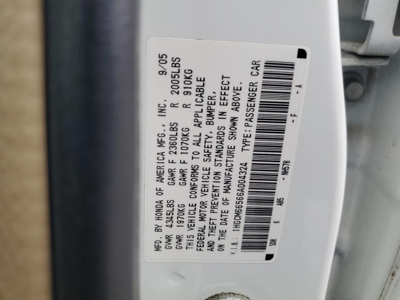 2006 Honda Accord VIN 1HGCM66566A004324 Copart auction photo, front end damage thumbnail 12