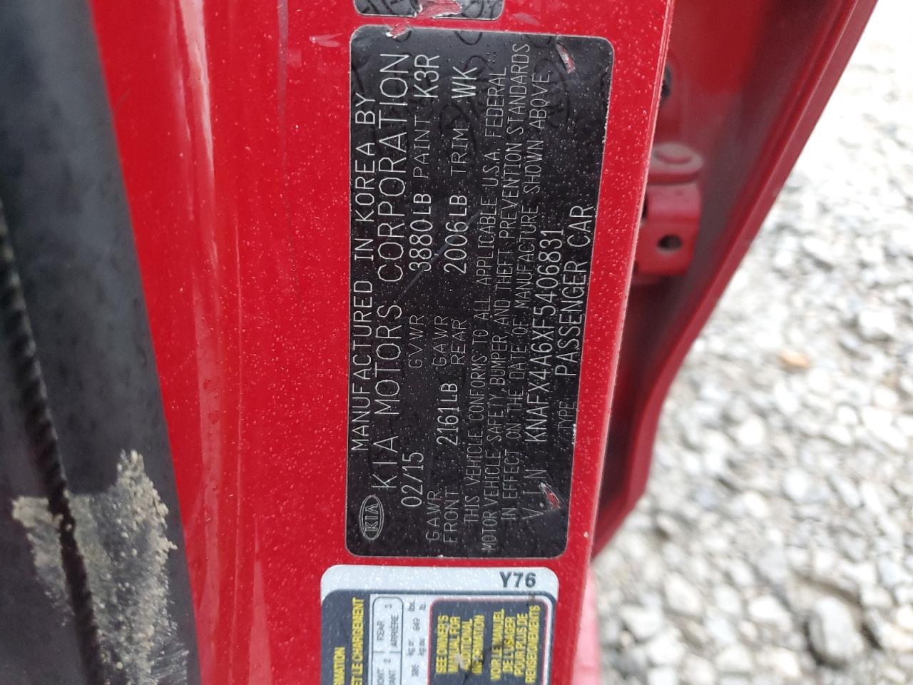 2015 KIA Forte VIN KNAFX4A6XF5406831 Copart auction photo, rear end damage thumbnail 12