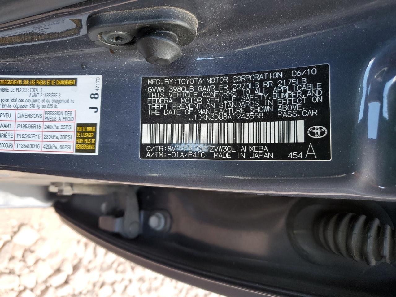 2010 Toyota Prius VIN JTDKN3DU8A1243558 Copart auction photo, rear end damage thumbnail 14