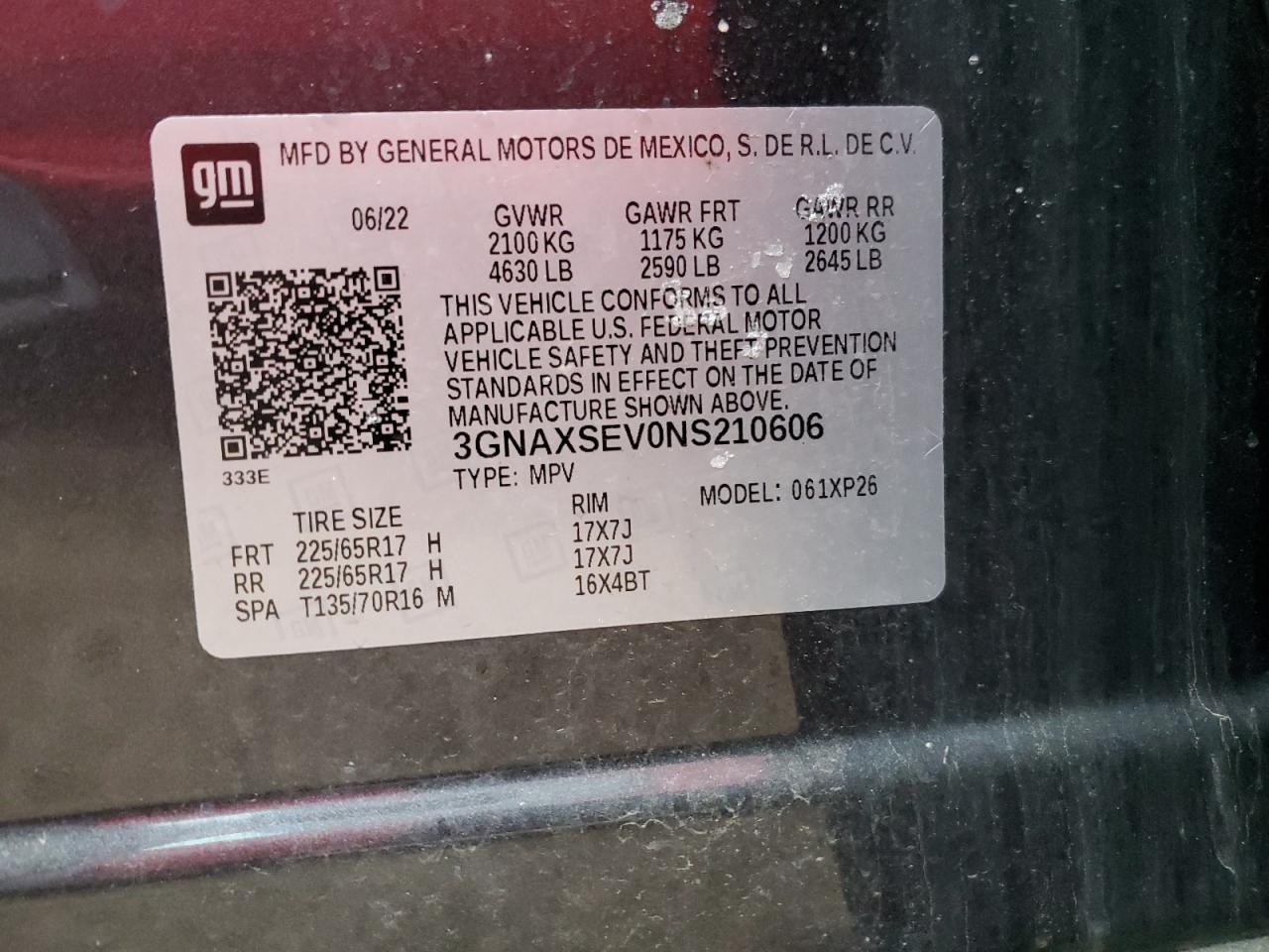 2022 Chevrolet Equinox VIN 3GNAXSEV0NS210606 Copart auction photo, side / front end damage thumbnail 12