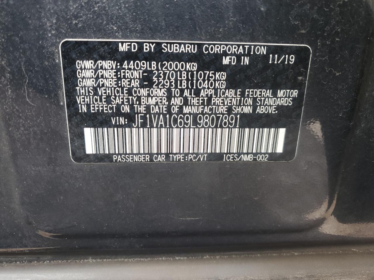 2020 Subaru WRX VIN JF1VA1C69L9807891 Copart auction photo, rear end / side damage thumbnail 13