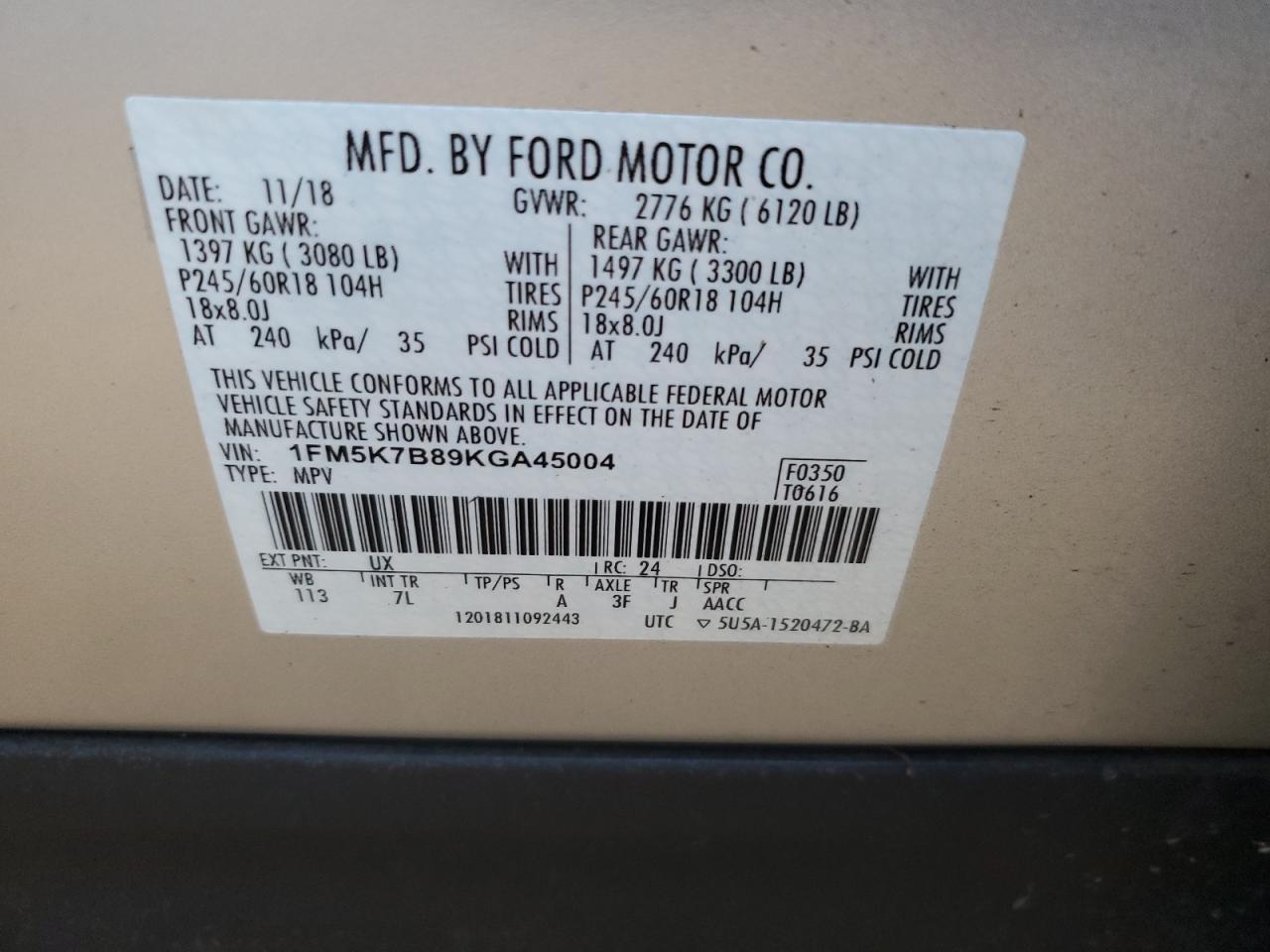 2019 Ford Explorer VIN 1FM5K7B89KGA45004 Copart auction photo, water/flood damage thumbnail 10