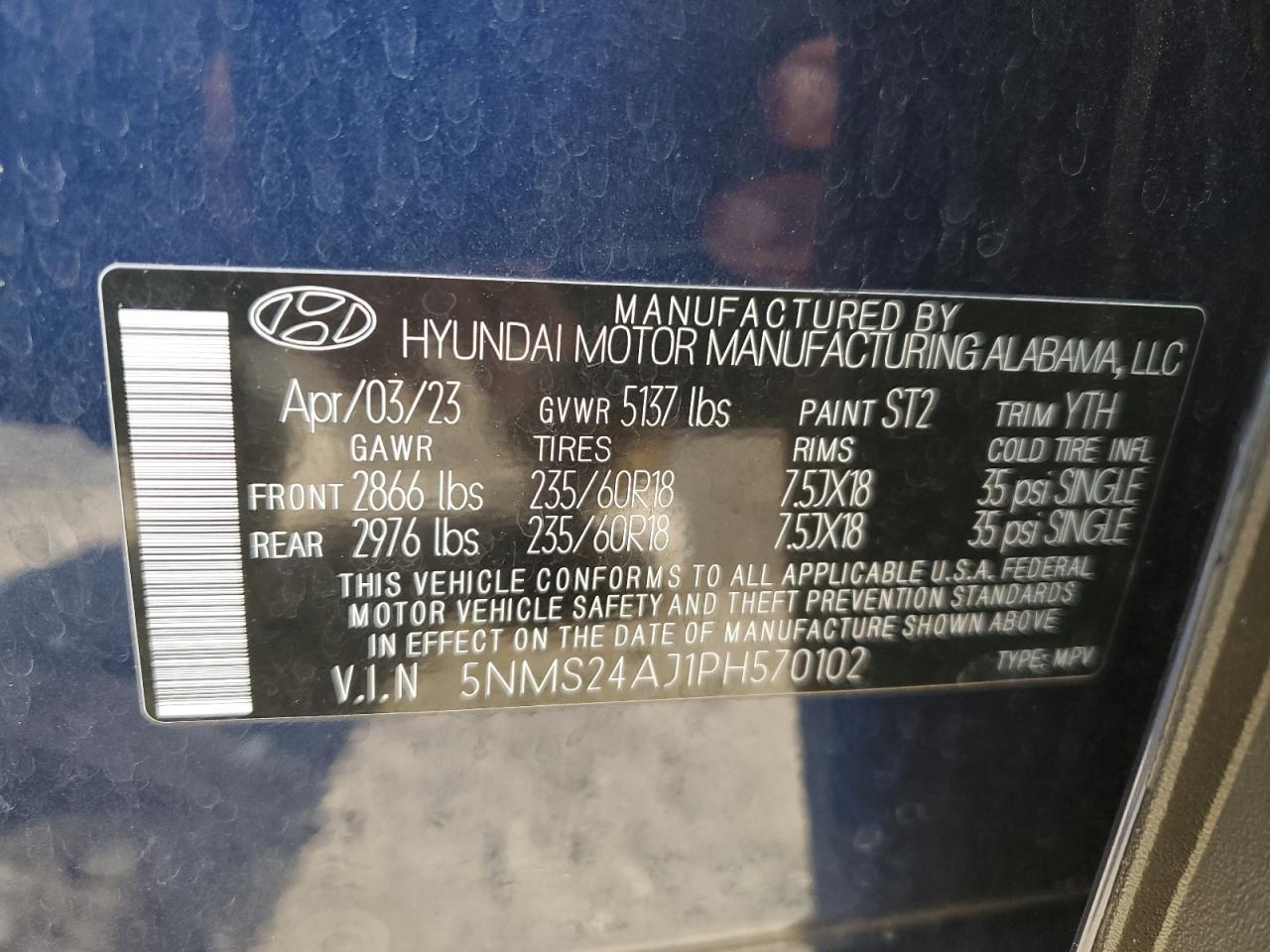 2023 Hyundai Santa Fe VIN 5NMS24AJ1PH570102 Copart auction photo, side damage thumbnail 15