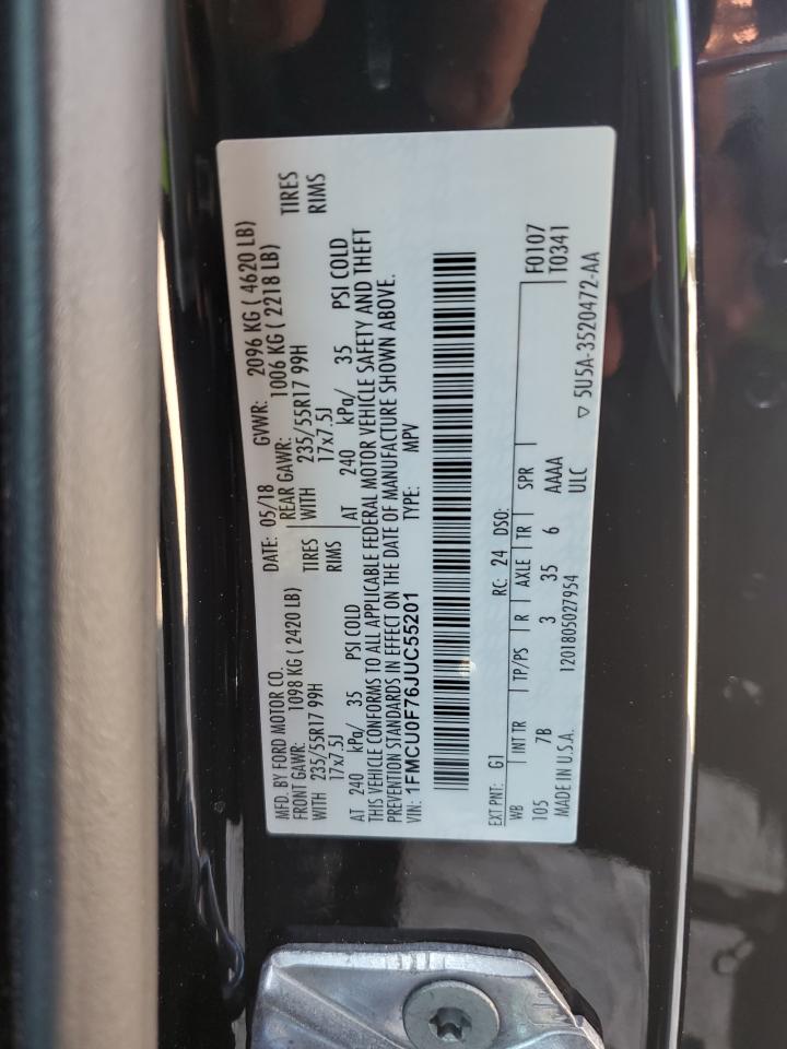 2018 Ford Escape VIN 1FMCU0F76JUC55201 Copart auction photo, front end damage thumbnail 13