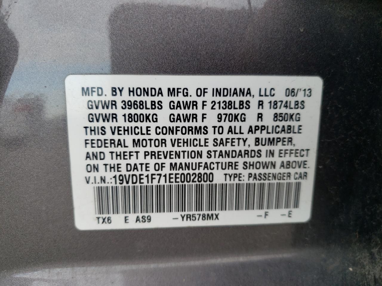 2014 Acura ILX VIN 19VDE1F71EE002800 Copart auction photo, front end / rear end damage thumbnail 14