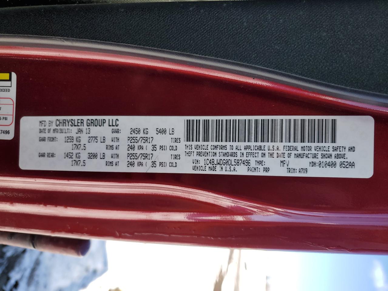 2013 Jeep Wrangler VIN 1C4BJWDG0DL587496 Copart auction photo, biohazard/chemical / front end damage thumbnail 12
