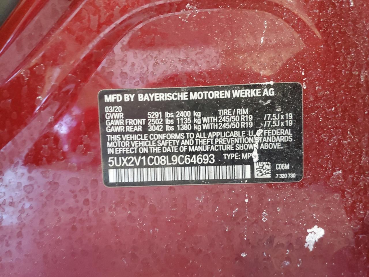 2020 BMW X4 VIN 5UX2V1C08L9C64693 Copart auction photo, front end / mechanical damage thumbnail 15