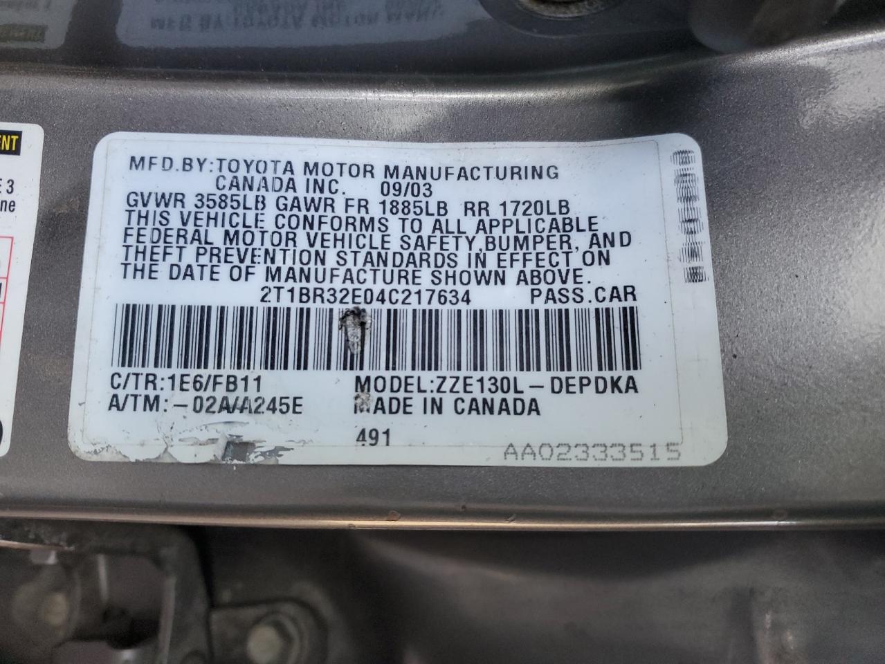 2004 Toyota Corolla VIN 2T1BR32E04C217634 Copart auction photo, side damage thumbnail 14