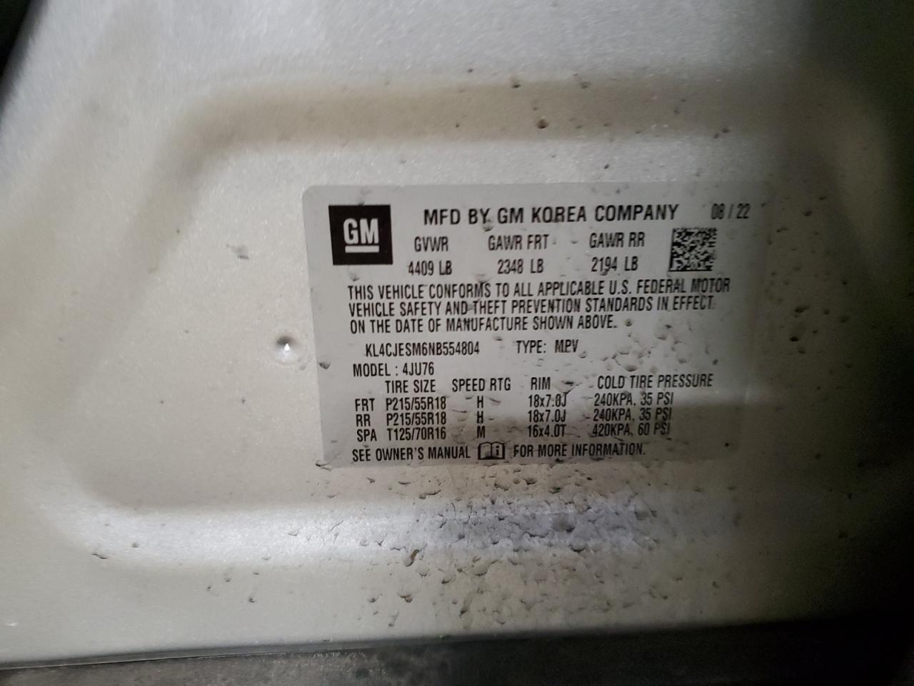 2022 Buick Encore VIN KL4CJESM6NB554804 Copart auction photo, front end / minor dent/scratches damage thumbnail 13