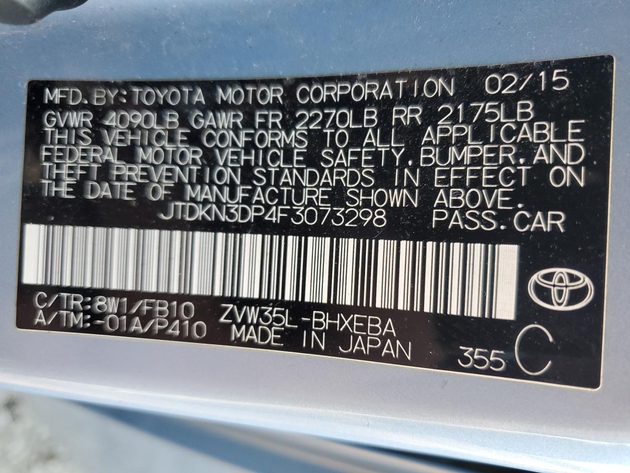 2015 Toyota Prius VIN JTDKN3DP4F3073298 Copart auction photo, rear end damage thumbnail 12