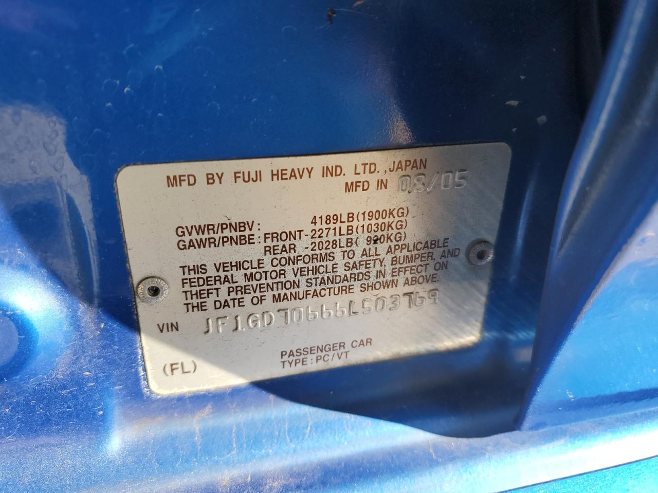 2006 Subaru WRX VIN JF1GD70666L503769 Copart auction photo, rear end / front end damage thumbnail 14