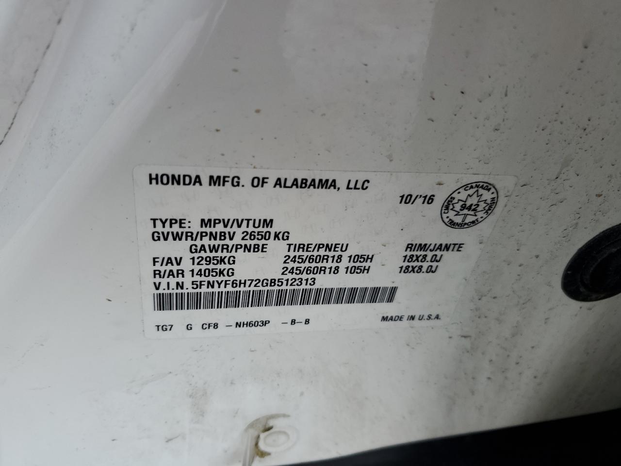 2016 Honda Pilot VIN 5FNYF6H72GB512313 Copart auction photo, front end damage thumbnail 14