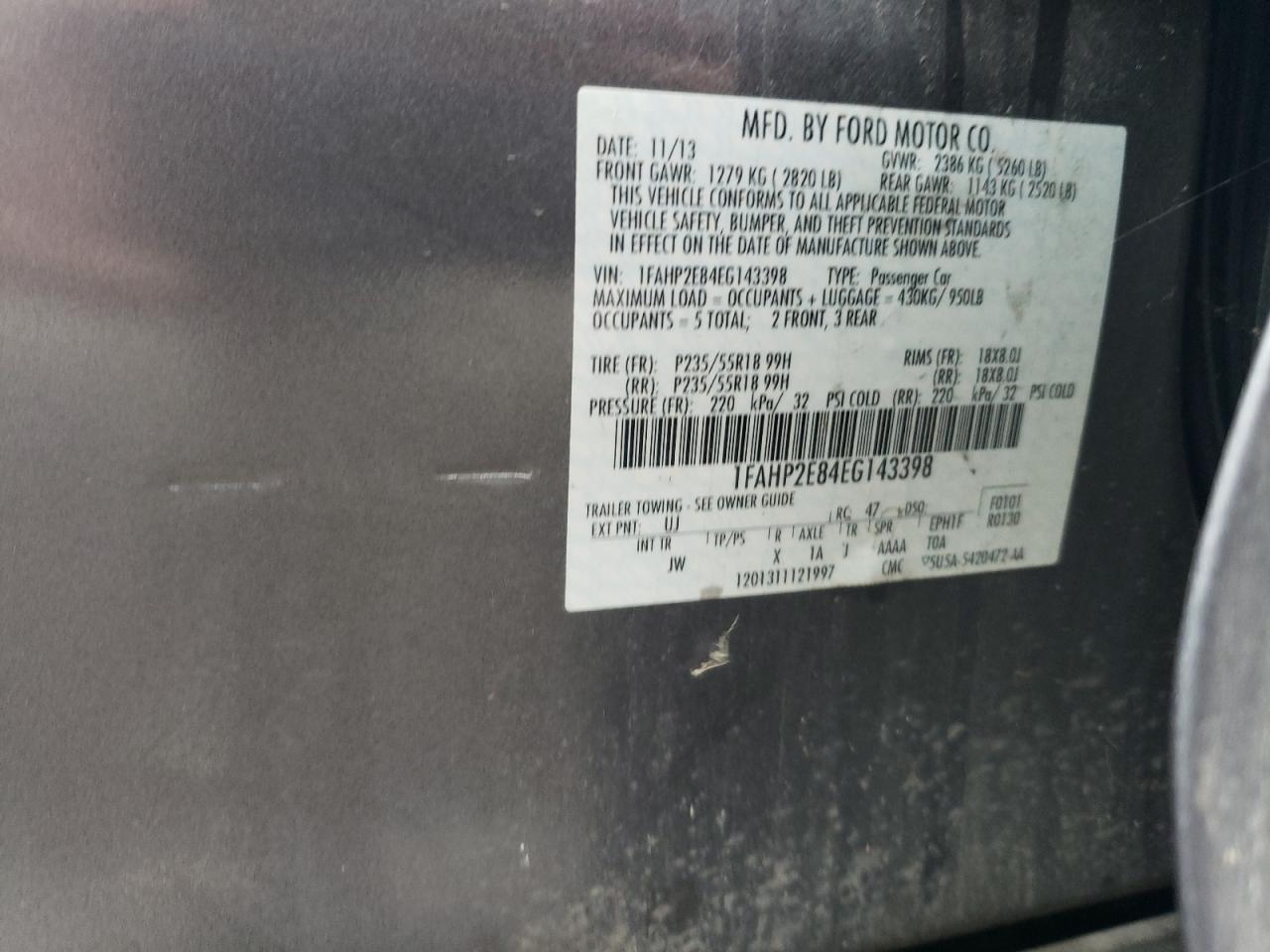 2014 Ford Taurus VIN 1FAHP2E84EG143398 Copart auction photo, all over damage thumbnail 12