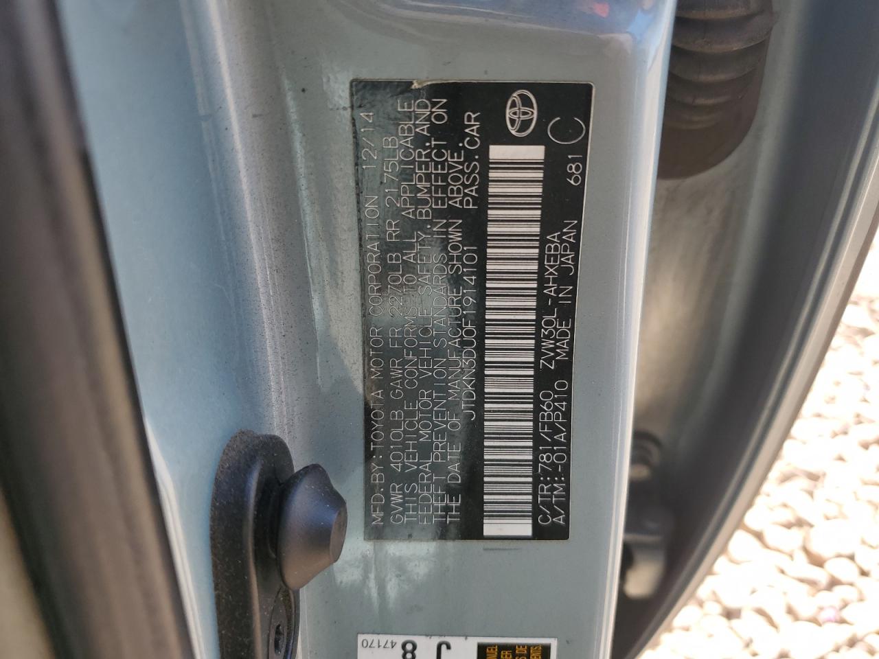 2015 Toyota Prius VIN JTDKN3DU0F1914101 Copart auction photo, rear end damage thumbnail 12
