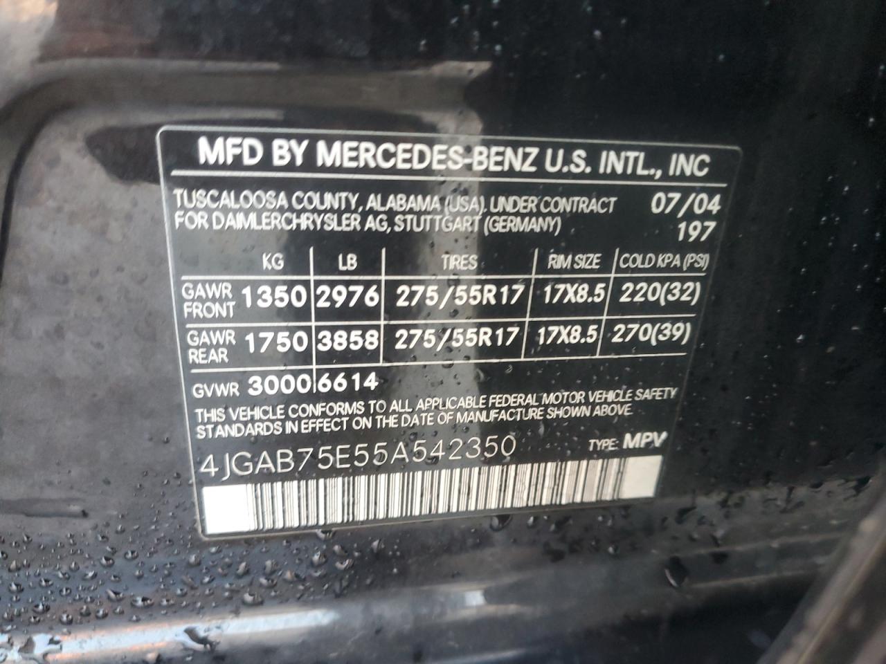 2005 Mercedes-Benz M-klasse VIN 4JGAB75E55A542350 Copart auction photo, front end / minor dent/scratches damage thumbnail 15