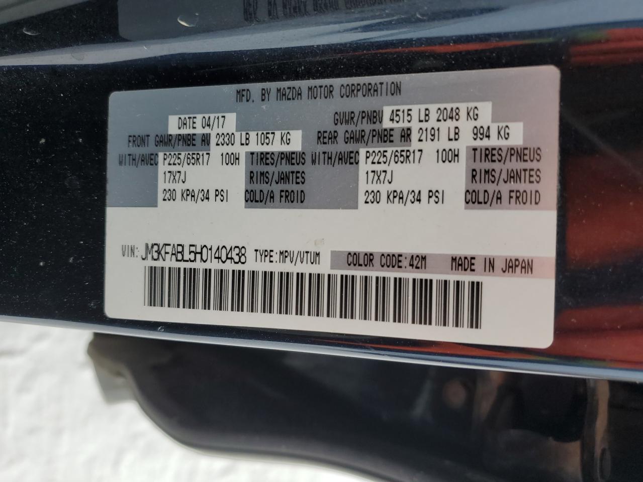 2017 Mazda CX-5 VIN JM3KFABL5H0140438 Copart auction photo, front end / rear end damage thumbnail 14