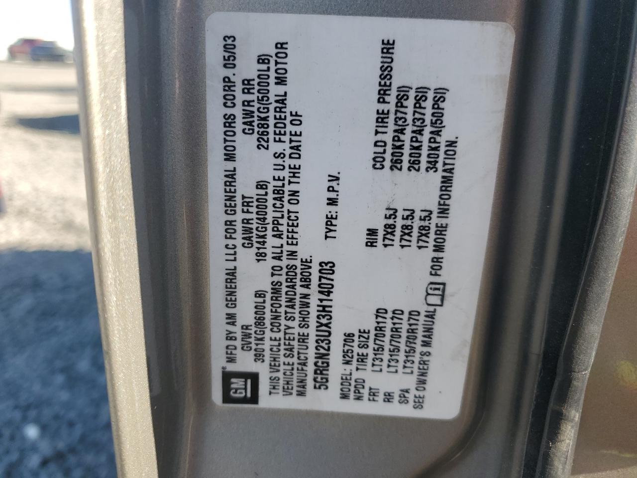 2003 Hummer H2 VIN 5GRGN23UX3H140703 Copart auction photo, rear end damage thumbnail 12