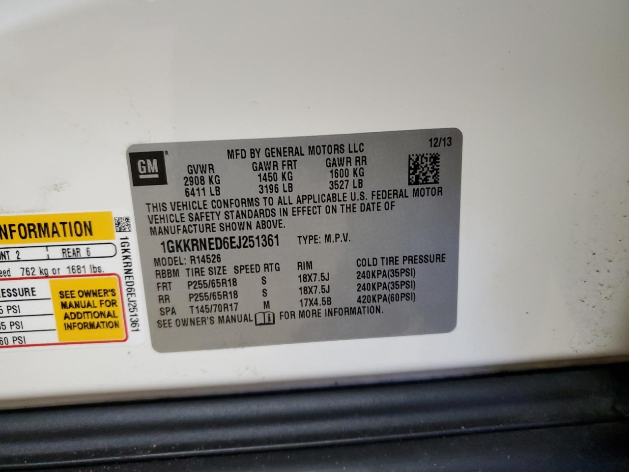 2014 GMC Acadia VIN 1GKKRNED6EJ251361 Copart auction photo, front end / minor dent/scratches damage thumbnail 13