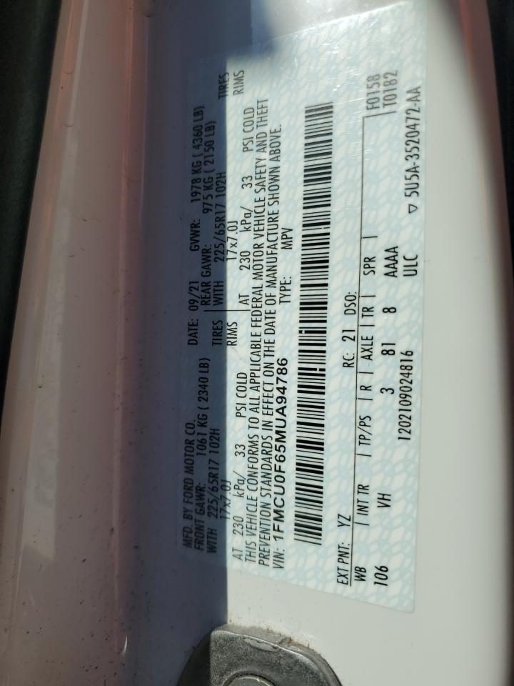 2021 Ford Escape VIN 1FMCU0F65MUA94786 Copart auction photo, front end / side damage thumbnail 15