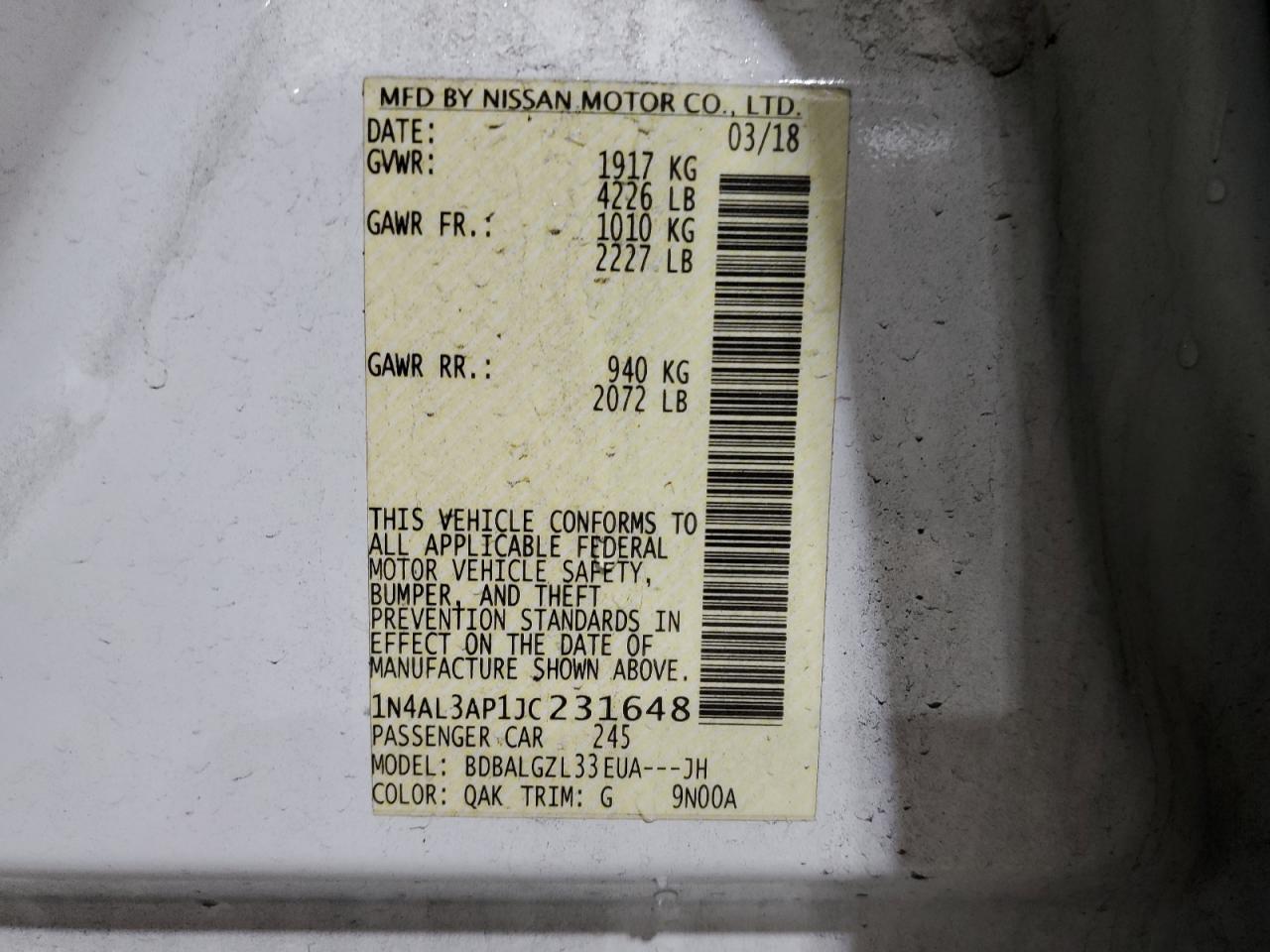2018 Nissan Altima VIN 1N4AL3AP1JC231648 Copart auction photo, front end damage thumbnail 12