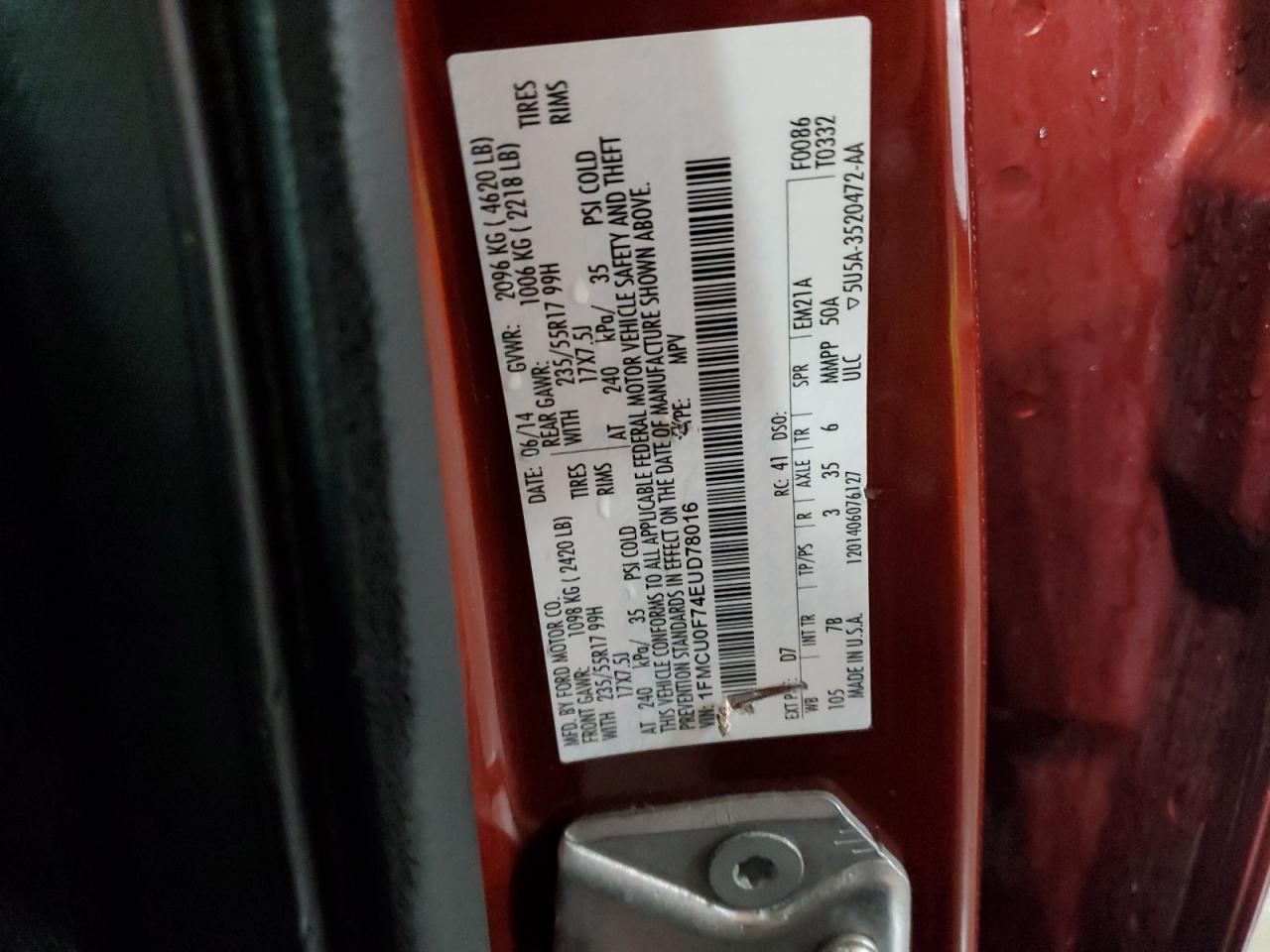 2014 Ford Escape VIN 1FMCU0F74EUD78016 Copart auction photo, front end damage thumbnail 14