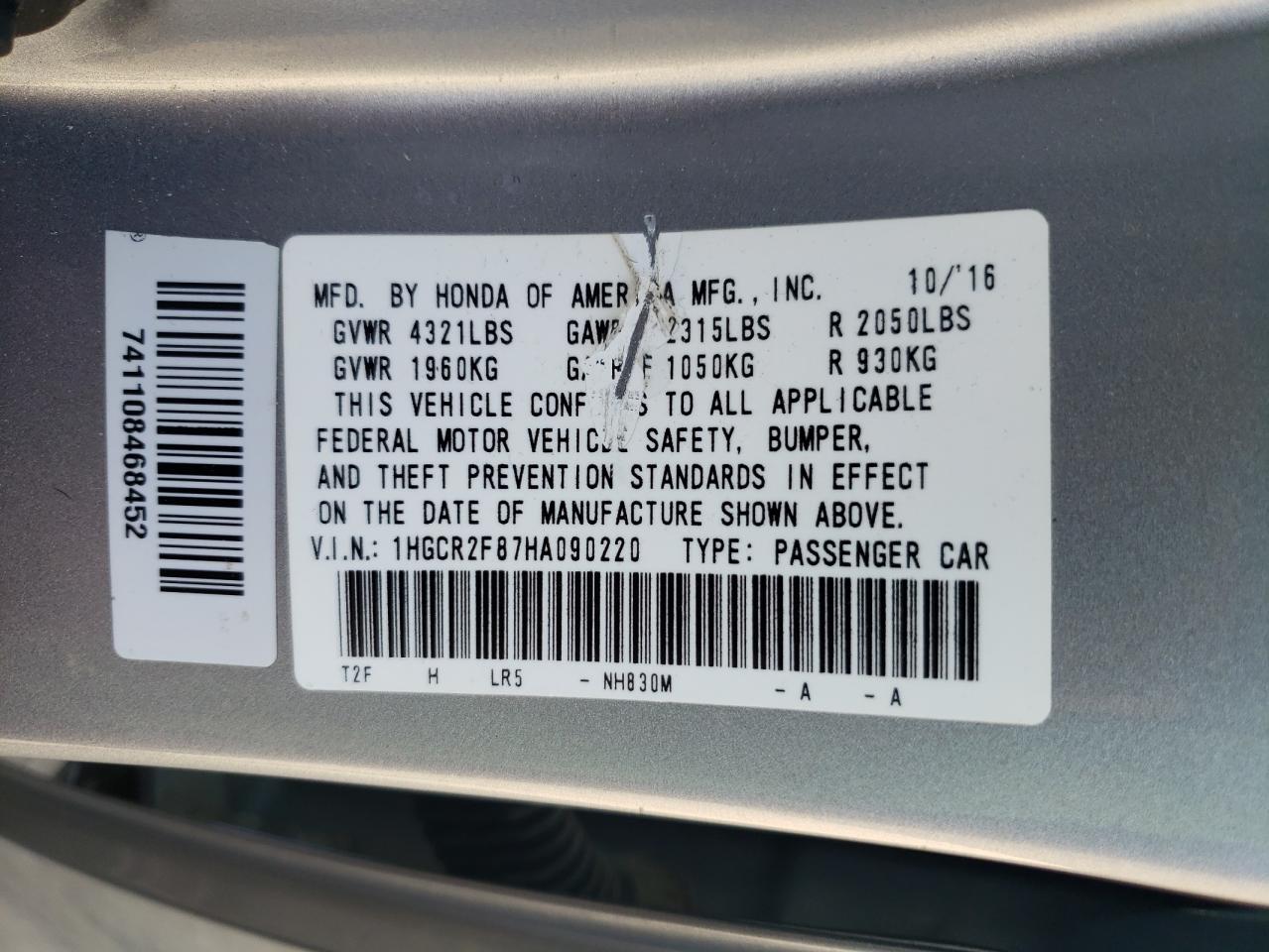 2017 Honda Accord VIN 1HGCR2F87HA090220 Copart auction photo, front end / side damage thumbnail 14
