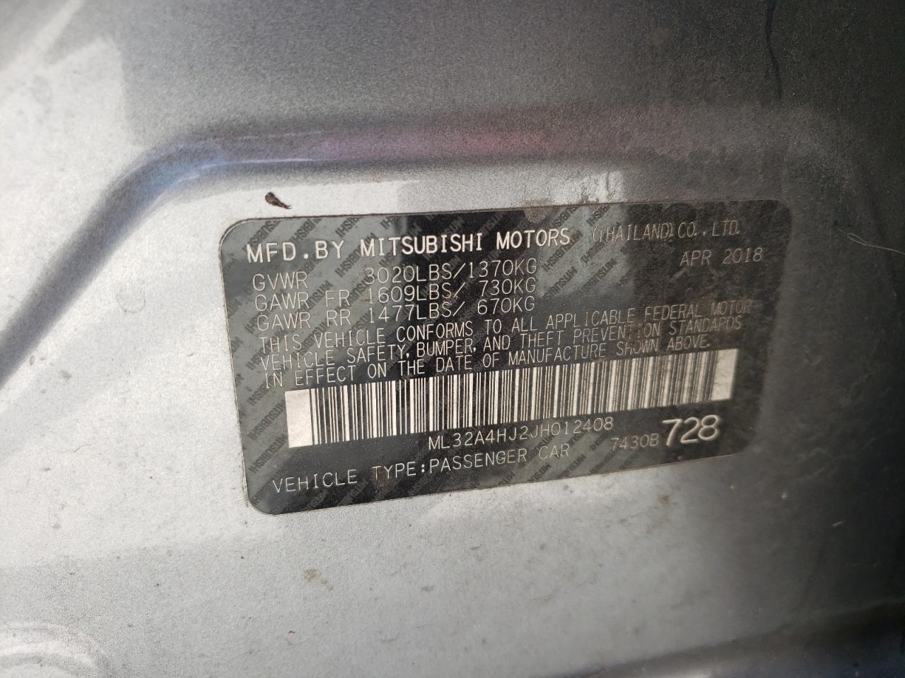 2018 Mitsubishi Mirage VIN ML32A4HJ2JH012408 Copart auction photo, front end / minor dent/scratches damage thumbnail 14