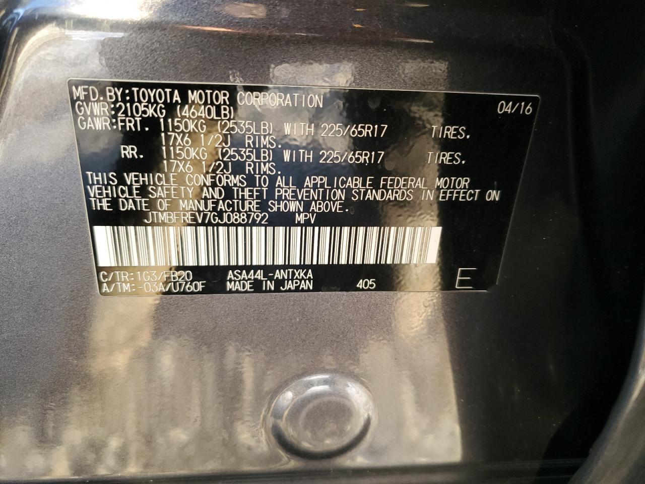 2016 Toyota RAV 4 VIN JTMBFREV7GJ088792 Copart auction photo, rear end / undercarriage damage thumbnail 13