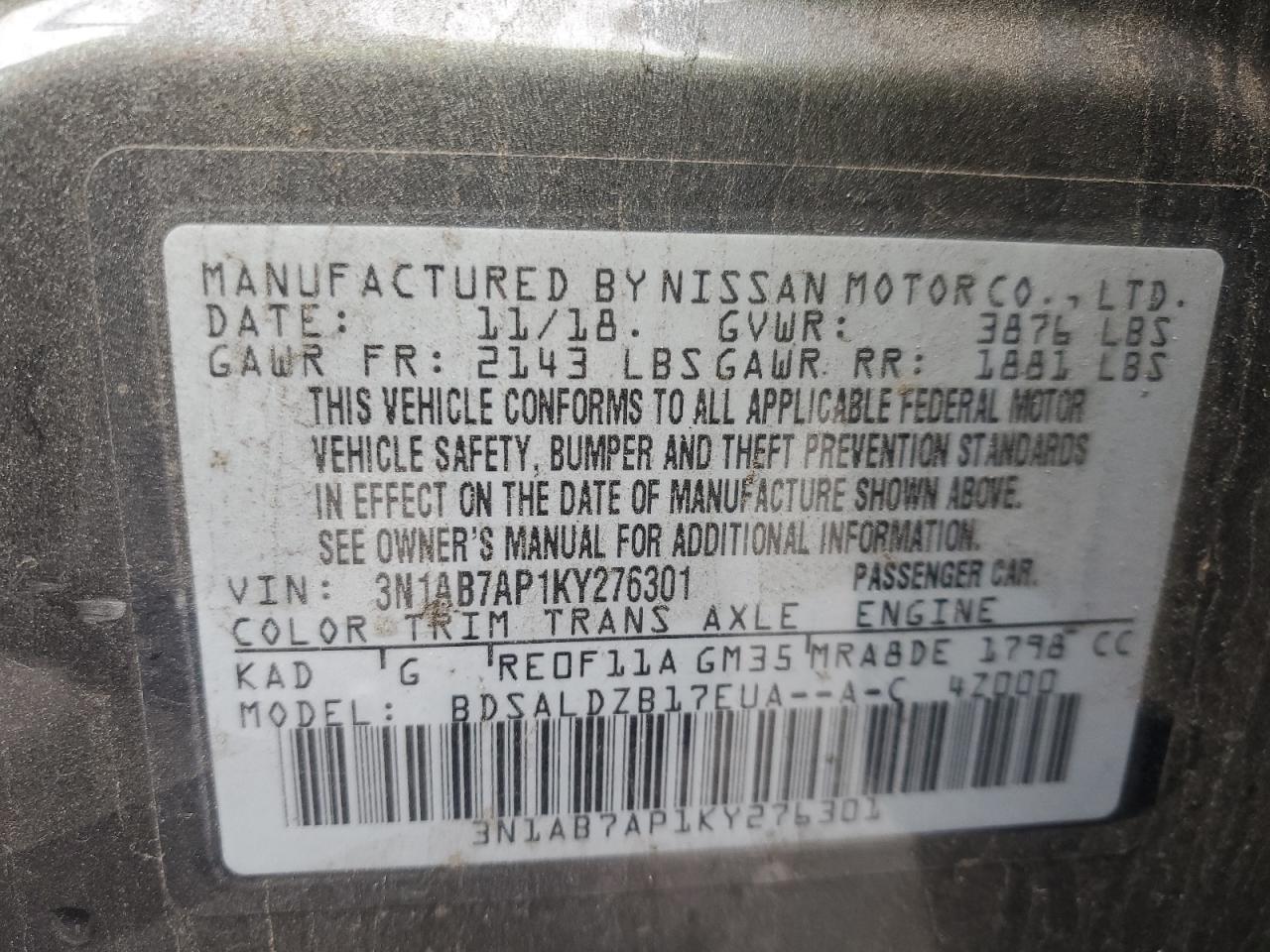 2019 Nissan Sentra VIN 3N1AB7AP1KY276301 Copart auction photo, side / minor dent/scratches damage thumbnail 14