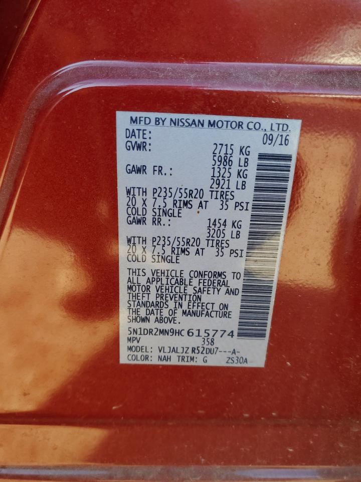 2017 Nissan Pathfinder VIN 5N1DR2MN9HC615774 Copart auction photo, front end damage thumbnail 15