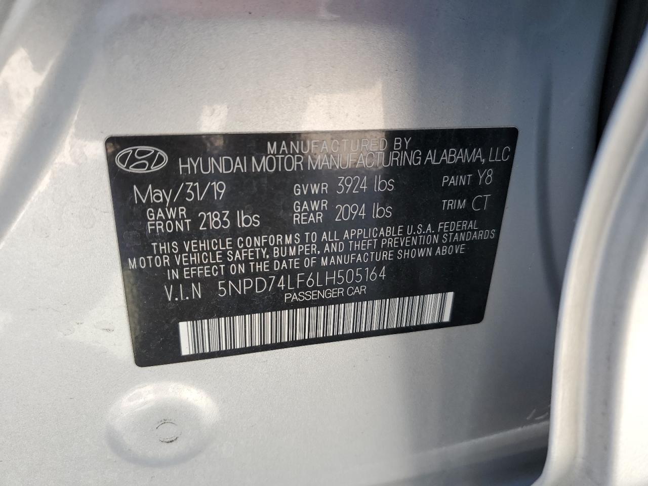 2020 Hyundai Elantra VIN 5NPD74LF6LH505164 Copart auction photo, all over damage thumbnail 13