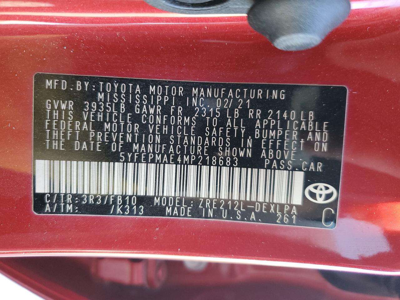2021 Toyota Corolla VIN 5YFEPMAE4MP218683 Copart auction photo, all over damage thumbnail 13