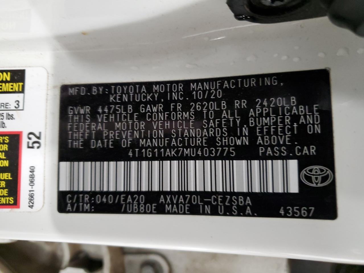 2021 Toyota Camry VIN 4T1G11AK7MU403775 Copart auction photo, front end / side damage thumbnail 13