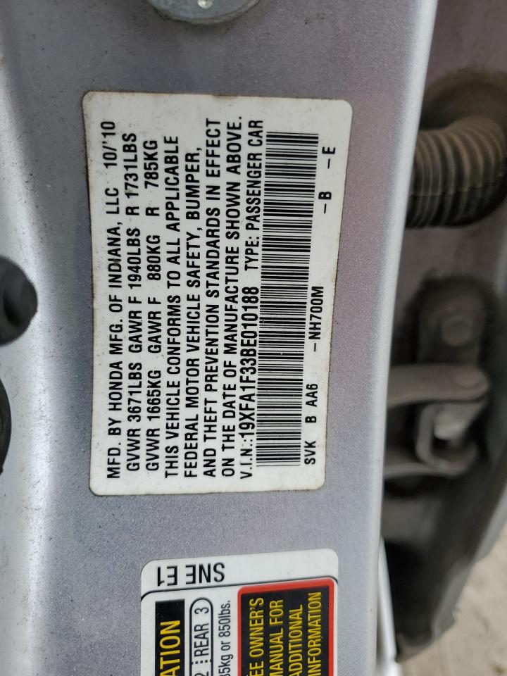 2011 Honda Civic VIN 19XFA1F33BE010188 Copart auction photo, front end / side damage thumbnail 12