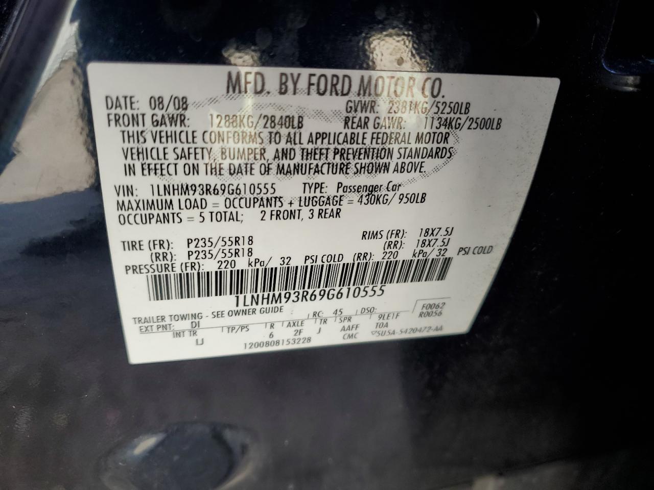 2009 Lincoln MKS VIN 1LNHM93R69G610555 Copart auction photo, front end damage thumbnail 14