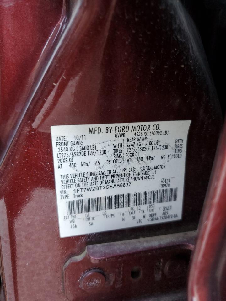 2012 Ford F250 VIN 1FT7W2BT2CEA55637 Copart auction photo, front end / minor dent/scratches damage thumbnail 12