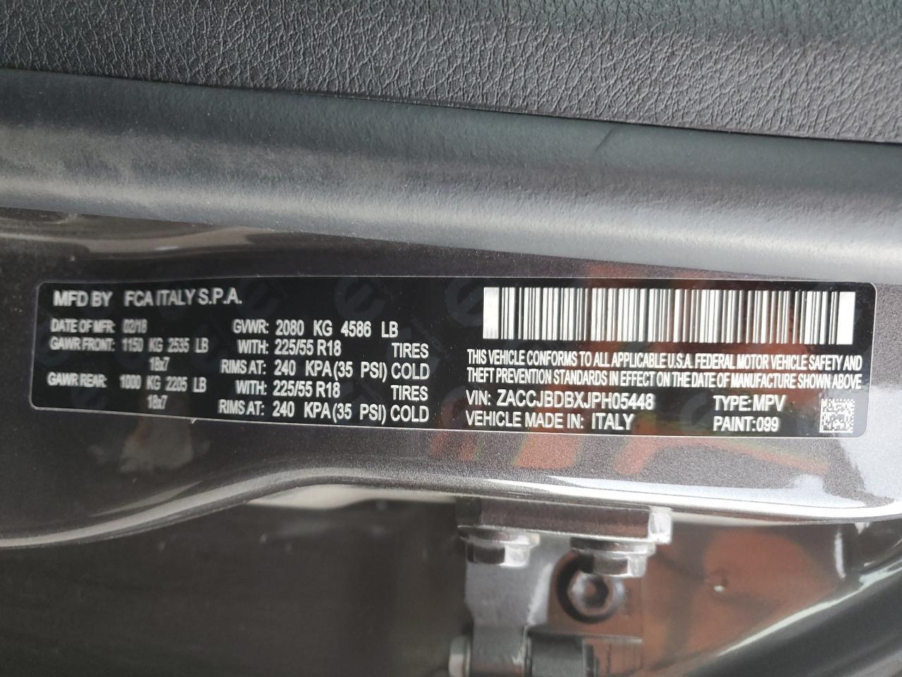 2018 Jeep Renegade VIN ZACCJBDBXJPH05448 Copart auction photo, front end damage thumbnail 13